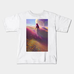 Cute Anime Girl in Field of Red Flowers & Trees - Future Kids T-Shirt